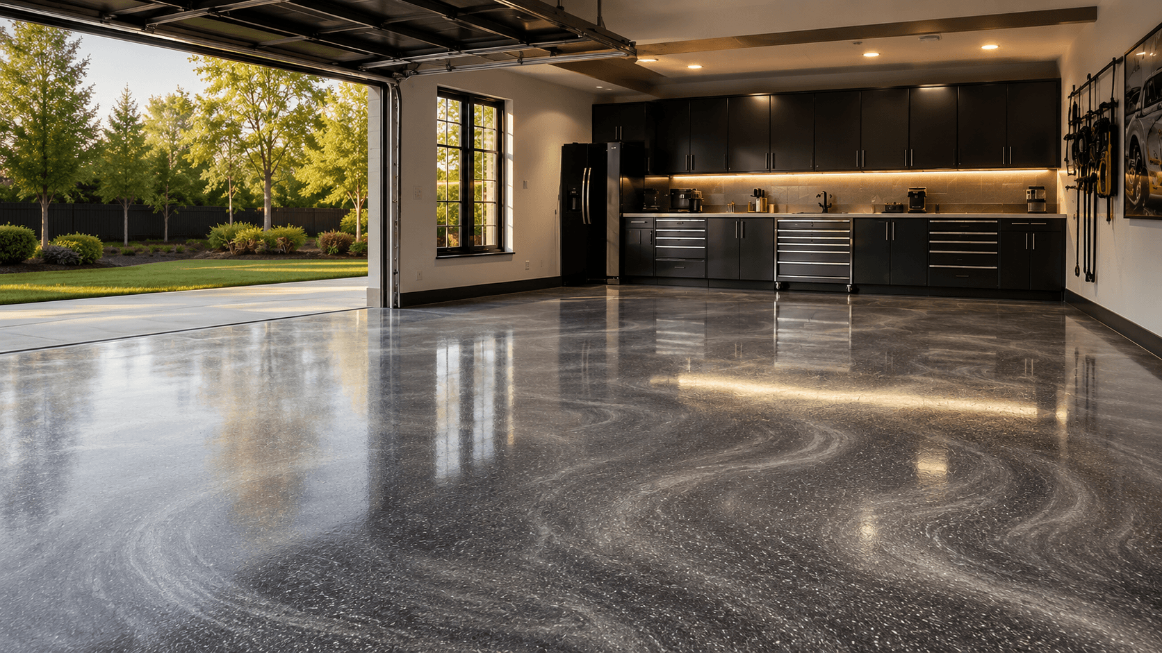 Luxury garage with a glossy metallic epoxy floor